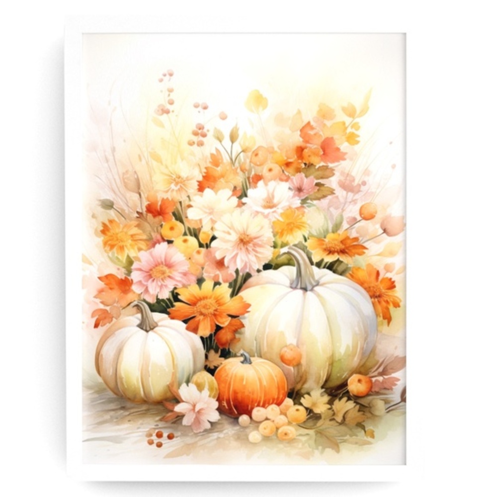 Wall Art Watercolor Floral Pumpkins Print Poster Card Unframed - Thanksgiving